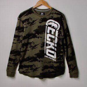 Ecko Unltd Camo Waffle Knit Top Long Sleeve Black Green Logo Vintage Y2K Large